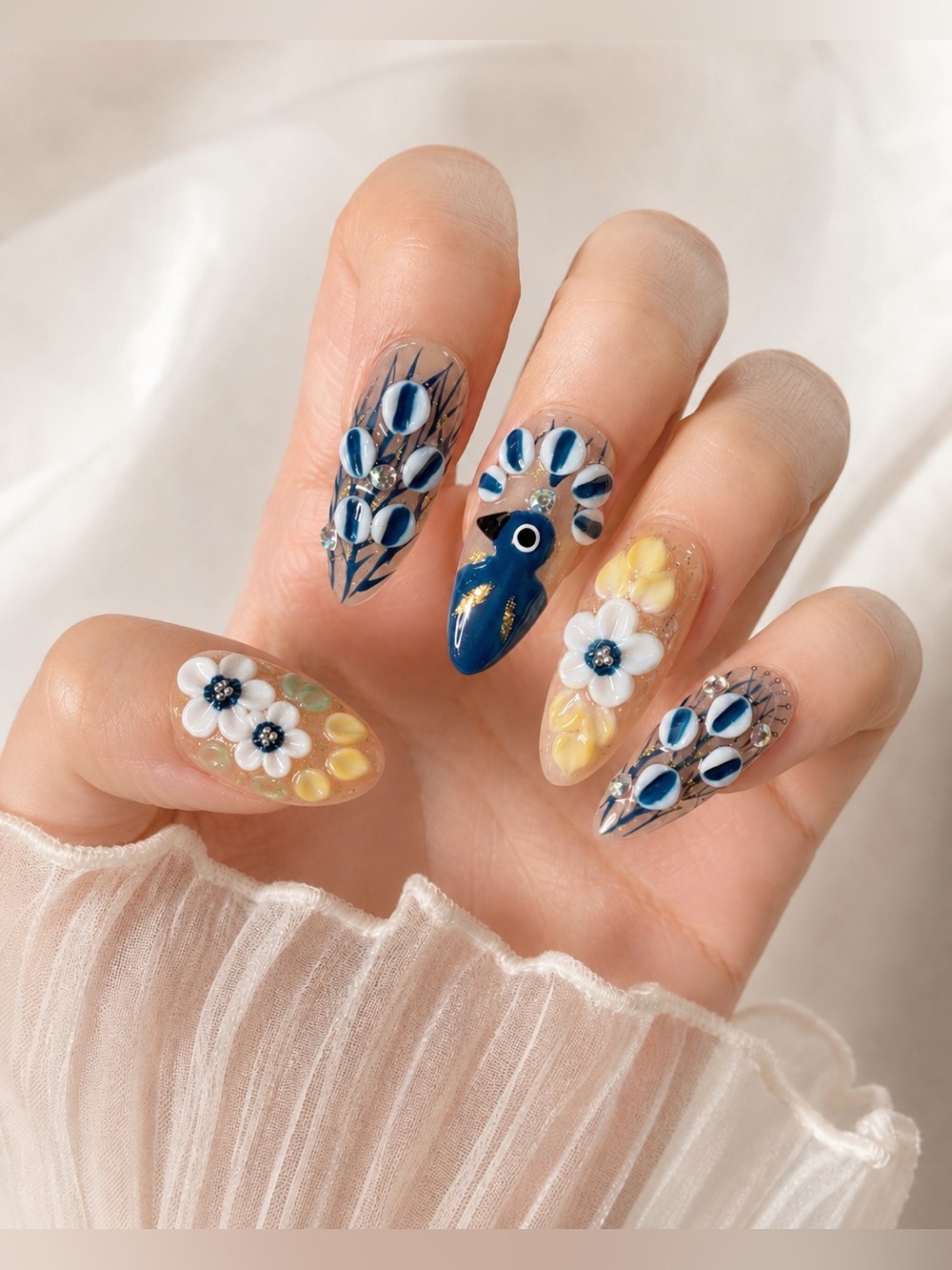 Handmade Blue Bird 3D Floral Press-On Nails -Size: S